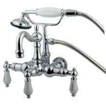 Double Handle Clawfoot Wall Mounted Tub Filler with 3-3/8" Center, 8-3/4" Spout Reach, Personal Hand Shower and Porcelain Lever Handles from the Vintage Collection