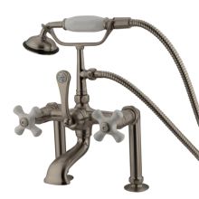Triple Handle Deck Mounted Clawfoot Tub Filler with 7" Center, Personal Hand Shower and Porcelain Cross Handles from the Hot Springs Collection