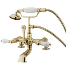 Triple Handle Wall Mounted Clawfoot Tub Filler with 7" Center, Personal Hand Shower and Porcelain Lever Handles from the Hot Springs Collection