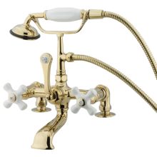 Triple Handle Wall Mounted Clawfoot Tub Filler with 7" Center, Personal Hand Shower and Porcelain Cross Handles from the Hot Springs Collection