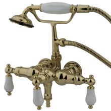 Triple Handle Wall Mounted Clawfoot Tub Filler with 3-3/8" Center, Personal Hand Shower and Porcelain Lever Handles from the Hot Springs Collection