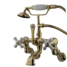 Triple Handle Wall Mounted Clawfoot Tub Filler with Adjustable Center, Personal Hand Shower and Porcelain Cross Handles from the Hot Springs Collection