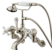 Triple Handle Deck Mounted Clawfoot Tub Filler with Adjustable Center, Personal Hand Shower and Porcelain Cross Handles from the Hot Springs Collection