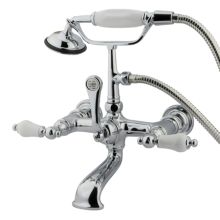 Triple Handle Wall Mounted Clawfoot Tub Filler with 7" Center, Personal Hand Shower and Porcelain Lever Handles from the Hot Springs Collection