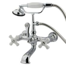 Triple Handle Wall Mounted Clawfoot Tub Filler with 7" Center, Personal Hand Shower and Porcelain Cross Handles from the Hot Springs Collection