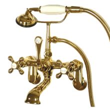 Triple Handle Wall Mounted Clawfoot Tub Filler with Adjustable Center, Personal Hand Shower and Metal Cross Handles from the Hot Springs Collection