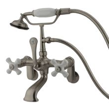 Triple Handle Wall Mounted Clawfoot Tub Filler with Adjustable Center, Personal Hand Shower and Porcelain Cross Handles from the Hot Springs Collection