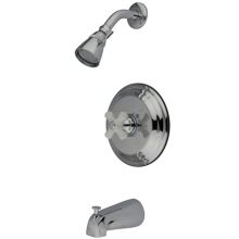 Single Handle Tub and Shower Trim with Single Function Shower Head, Tub Spout and Porcelain Cross Handle from the Hot Springs Collection