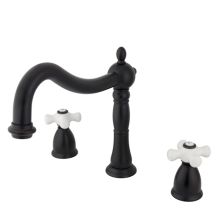 Double Handle 8" to 14" Widespread Deck Mounted Roman Tub Filler with Porcelain Cross Handles from the Baltimore Collection