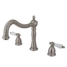 Double Handle 8" to 14" Widespread Deck Mounted Roman Tub Filler with Porcelain Lever Handles from the Baltimore Collection