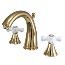 Double Handle 8" to 16" Widespread Bathroom Faucet with Porcelain Cross Handles and Brass Drain Assembly from the Los Angeles Collection