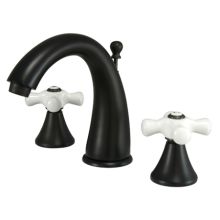 Double Handle 8" to 16" Widespread Bathroom Faucet with Porcelain Cross Handles and Brass Drain Assembly from the Los Angeles Collection