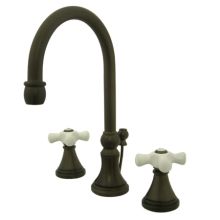 Double Handle 8" to 16" Widespread Bathroom Faucet with Porcelain Cross Handles and Brass Drain Assembly from the Madison Collection