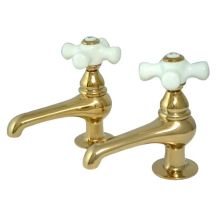 Double Handle Lavatory Basin Tap with American Porcelain Cross Handles from the Hot Springs Collection
