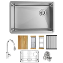 Crosstown 25-1/2" Undermount Single Basin Stainless Steel Kitchen Sink with Single Hole 1.8 GPM Pull Down Kitchen Faucet - Includes Basket Strainer, Cutting Board, Colander, and Basin Rack