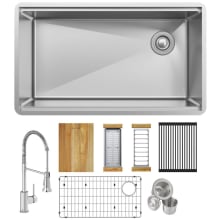 Crosstown 31-1/2" Undermount Single Basin Stainless Steel Kitchen Sink with Single Hole 1.8 GPM Pull Down Kitchen Faucet - Includes Basket Strainer, Cutting Board, Colander, and Basin Rack