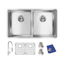 Crosstown 31-1/2" Undermount Double Basin Stainless Steel Kitchen Sink with Single Hole 1.8 GPM Kitchen Faucet, Basin Racks, and Basket Strainers
