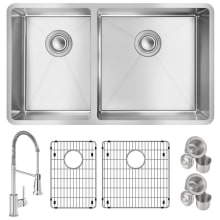 Crosstown 31-1/2" Undermount Double Basin Stainless Steel Kitchen Sink with Single Hole 1.8 GPM Pull Down Kitchen Faucet - Includes Basket Strainer and Basin Rack