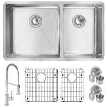 Crosstown 31-1/2" Undermount Double Basin Stainless Steel Kitchen Sink with Single Hole 1.8 GPM Pull Down Kitchen Faucet - Includes Basket Strainer and Basin Rack