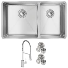Crosstown 31-1/2" Undermount Double Basin Stainless Steel Kitchen Sink with Single Hole 1.8 GPM Pull Down Kitchen Faucet - Includes Basket Strainer