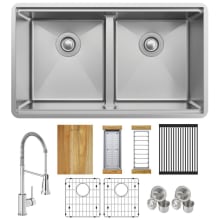 Crosstown 31-1/2" Undermount Double Basin Stainless Steel Kitchen Sink with Single Hole 1.8 GPM Pull Down Kitchen Faucet - Includes Basket Strainer, Cutting Board, Colander, and Basin Rack