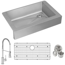 Crosstown 35-7/8" Farmhouse Single Basin Stainless Steel Kitchen Sink with Single Hole 1.8 GPM Pull Down Kitchen Faucet - Includes Basket Strainer and Basin Rack