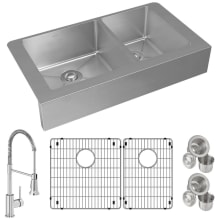 Crosstown 35-7/8" Farmhouse Double Basin Stainless Steel Kitchen Sink with Single Hole 1.8 GPM Pull Down Kitchen Faucet - Includes Basket Strainer and Basin Rack