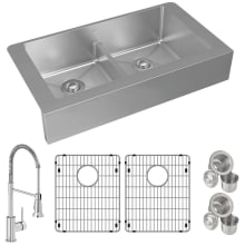 Crosstown 35-7/8" Farmhouse Double Basin Stainless Steel Kitchen Sink with Single Hole 1.8 GPM Pull Down Kitchen Faucet - Includes Basket Strainer and Basin Rack