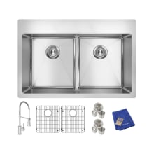 Crosstown 33" Undermount Double Basin Stainless Steel Kitchen Sink with Single Hole 1.8 GPM Kitchen Faucet, Basin Racks, Basket Strainers, and Towel