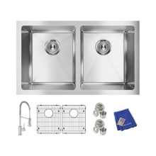 Crosstown 30-3/4" Undermount Double Basin Stainless Steel Kitchen Sink with Single Hole 1.8 GPM Kitchen Faucet, Basin Racks, and Basket Strainers