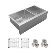 Crosstown 35-7/8" Farmhouse Double Basin Stainless Steel Kitchen Sink with Basin Rack and Basket Strainer
