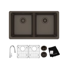 Quartz Classic 33" Undermount Double Basin Quartz Composite Kitchen Sink with Single Hole 1.5 GPM Kitchen Faucet, Basin Rack and Basket Strainer