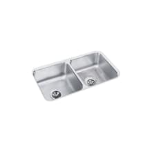Gourmet Lustertone Stainless Steel 31-3/4" x 16-1/2" Double Basin Undermount Kitchen Sink with 7-1/2" Depth, Rounded Basin Corners, Bottom Grid, and Drain Fixture