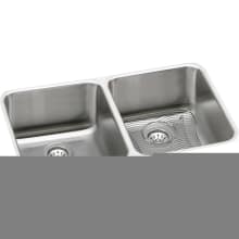 Gourmet Lustertone Stainless Steel 30-3/4" x 18-1/2" Double Basin Undermount Kitchen Sink with 10" Depth, Rounded Basin Corners, Bottom Grid, and Drain Fitting
