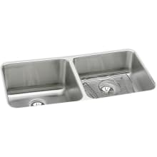 Gourmet Lustertone Stainless Steel 30-3/4" x 18-1/2" Double Basin Undermount Kitchen Sink with Left Primary Bowl, 10" Depth, Rounded Basin Corners, Bottom Grid, and Drain