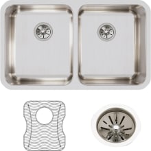 Lustertone 30-3/4" Undermount Double Basin Stainless Steel Kitchen Sink with Basin Rack and Basket Strainer