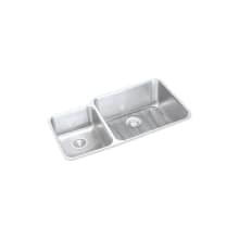 Gourmet Lustertone Stainless Steel 35-1/4" x 20-1/2" Double Basin Undermount Kitchen Sink with Primary Right Bowl, 9-7/8" Depth, Bottom Grid, and Drain Fitting