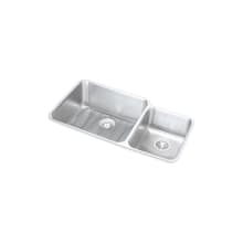 Gourmet Lustertone Stainless Steel 35-1/4" x 20-1/2" Double Basin Undermount Kitchen Sink with Primary Left Bowl, 9-7/8" Depth, Bottom Grid, and Drain Fitting