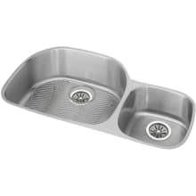 Gourmet Lustertone Stainless Steel 35-3/4" x 18-1/2" Double Basin Undermount Kitchen Sink with Left Primary Bowl, 10" Depth, Bottom Grid, and Drain Fitting