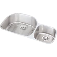 Harmony Lustertone Stainless Steel 36-5/16" x 21-1/8'' Undermount Double Basin Kitchen Sink with Left Primary Bowl, Bottom Grid, and Drain Fitting