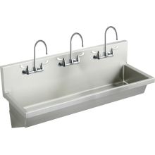 72" Single Basin Wall Mounted Stainless Steel Lavatory Sink with Commercial Faucets (3) - Includes Strainer