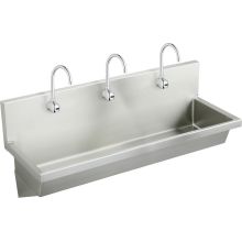 72" Single Basin Wall Mounted Stainless Steel Lavatory Sink with Commercial Faucets (3) - Includes Strainer