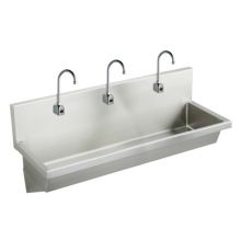 Wall Mount 14 Gauge Stainless Steel Three Station Handwash Sink with Sensor-Operated Faucets and Mixing Valve