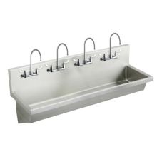 Wall Mount 14 Gauge Stainless Steel Four Station Handwash Sink with Four Commercial Mixing Faucets and Drain Fitting