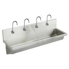 Wall Mount 14 Gauge Stainless Steel Four Station Handwash Sink with Four Sensor-Operated Faucets and Anti-Scald Mixing Valves
