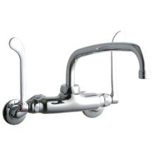 ADA 3"-8" Adjustable Centers Wall Mount Food Service Faucet with 10" Reach Arc Tube Spout and 6" Blade Handles