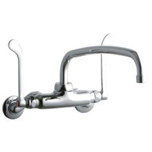 ADA 3"-8" Adjustable Centers Wall Mount Food Service Faucet with 12" Reach Arc Tube Spout and 6" Blade Handles