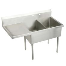 Sturdibilt Stainless Steel 85-1/2" x 27-1/2" Floor Standing Double Basin Scullery Sink with Two Faucet Holes and Left Side Drain Board
