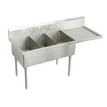 Sturdibilt Stainless Steel 70-1/2" x 27-1/2" Floor Standing Triple Basin Scullery Sink with Four Faucet Holes and Right Side Drain Board