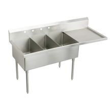 Sturdibilt Stainless Steel 79-1/2" x 27-1/2" Floor Standing Triple Basin Scullery Sink with Four Faucet Holes and Right Side Drain Board